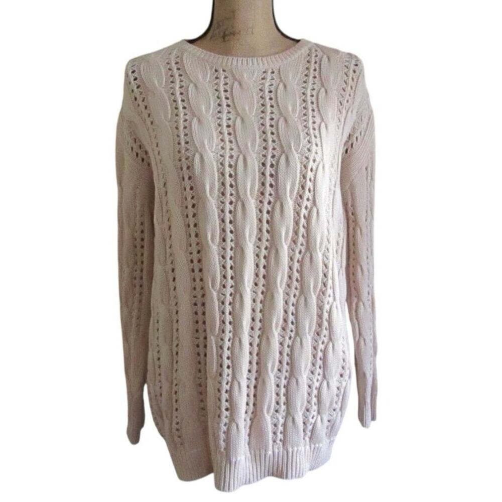 80s Vintage Liz Claiborne Taupe Cotton Cableknit Sweater Size Small Open Neutral